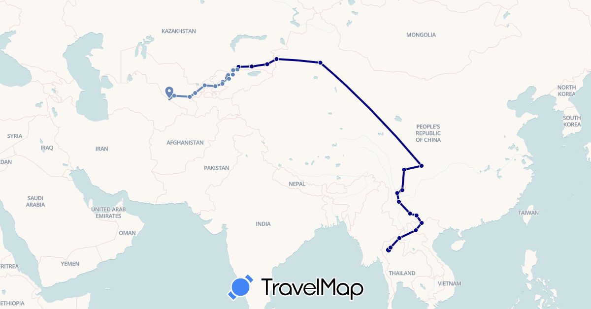 TravelMap itinerary: driving, cycling in China, Kyrgyzstan, Kazakhstan, Thailand, Uzbekistan, Vietnam (Asia)
